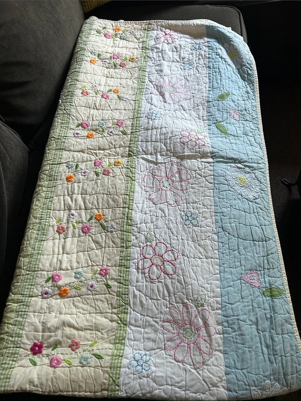 Pottery Barn Kids Daisy Flower Garden Pastel  Floral Embroidery  Appliqué Quilt